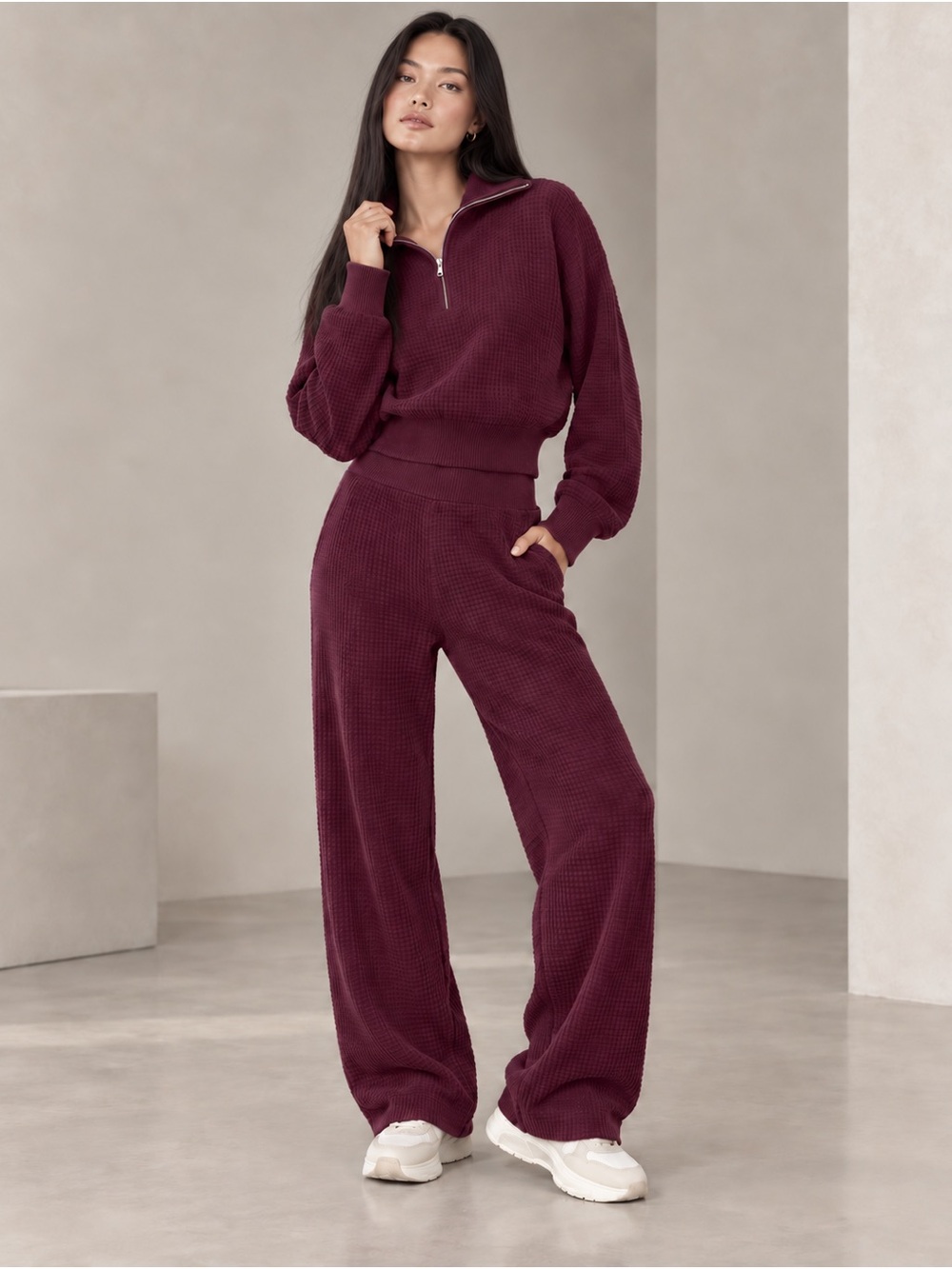 Alo Yoga Cashmere Plush Waffle Pullover & Pants Set Burgundy L